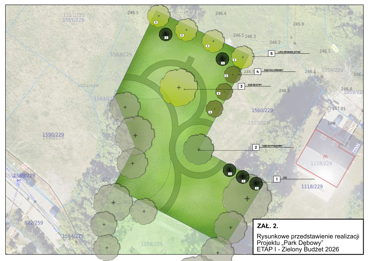 Rysunkowe przedstawienie realizacji Projektu „Park Dębowy”